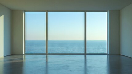   An empty room with large windows, offering a stunning ocean view on a bright day without occupancy