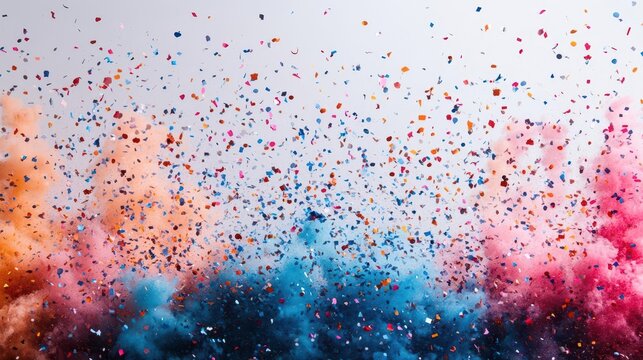 explosion of colorful confetti frozen in midair against a stark white background capturing a moment of joyous celebration