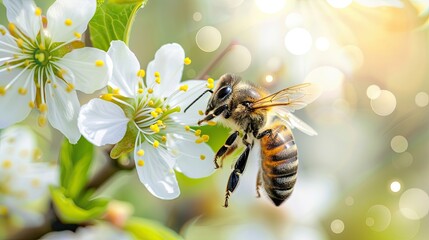 Naklejka premium A honeybee sits on a white flower. The bee is busy pollinating the flowers and collecting pollen. Beekeeping. The insect is a pollinator. Illustration for cover, card, interior design, decor or print