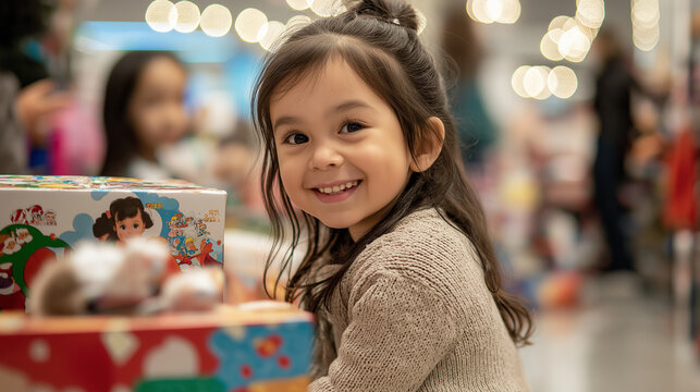 A lively toy drive, where people come together to bring joy to children, filled with love, care, and generosity. Philanthropy, Love, Care, Community Action