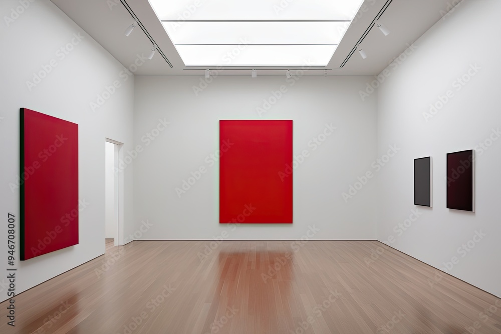 Aufkleber bold red canvas art displayed in a minimalist gallery setting
