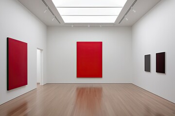 Fototapeta premium Bold Red Canvas Art Displayed in a Minimalist Gallery Setting