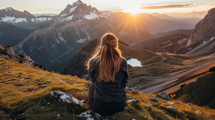 Back view of a man sitting on a mountain ridge. The serene hiker has reached his goal. Beautiful...