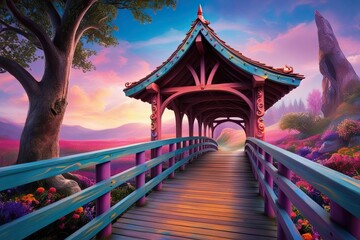Obraz premium Magical Timber Bridge Surrounded by Colorful Artistic Landscape