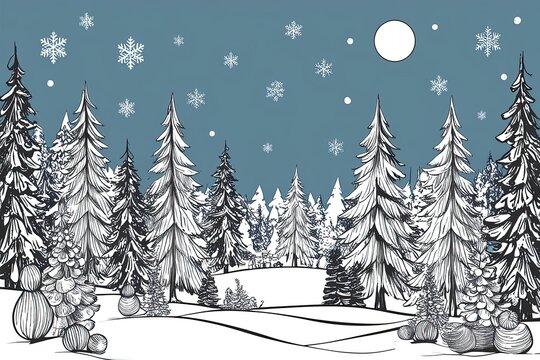 Playful Winter Landscape Art in Detailed Ink Doodle Style