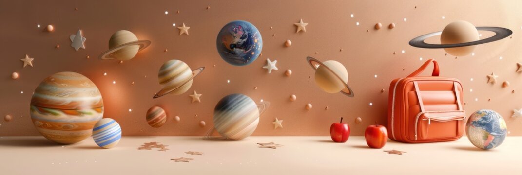Light copper backdrop, school scene with a cosmic twist, showcasing planets, stars, an apple, and a backpack