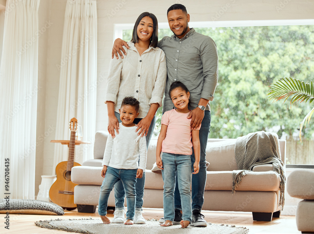 Poster happy family, smile and living room portrait with bonding, parent love and care in home. lounge, rel