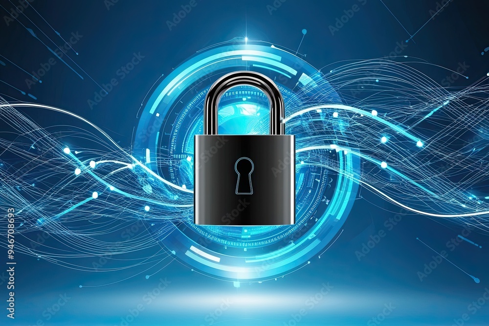 Poster advanced data encryption design featuring padlock and flowing data paths on crystal blue background