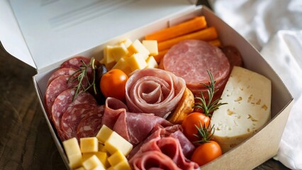 Assorted Meats and Cheeses in Charcuterie Box with Fresh Rosemary