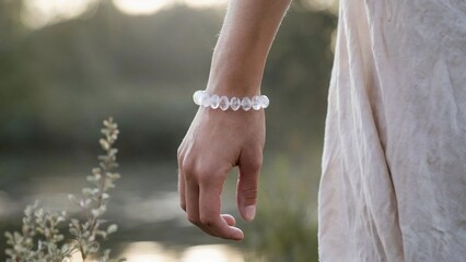 Wearing a Crystal Bracelet in a Bright, Minimalist Setting