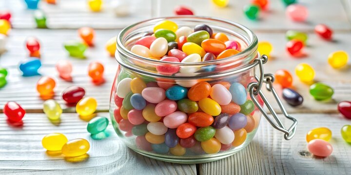 Jelly Bean Jar on White Wood, Candy, Sweets, Treats