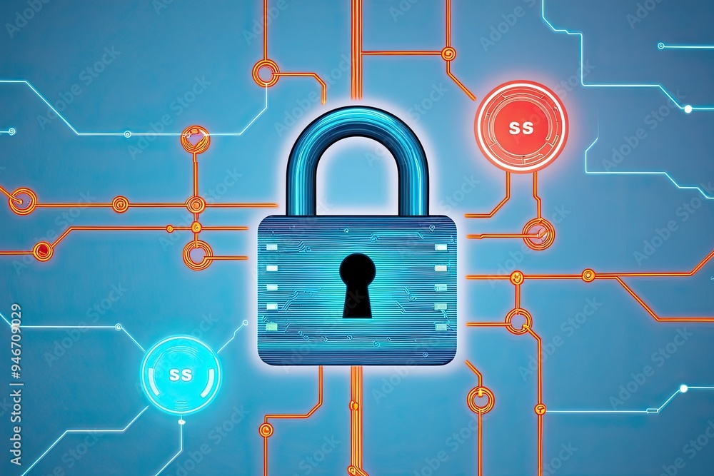 Poster enhanced cyber security visualization featuring cyber lock graphic and dynamic connections on ice bl