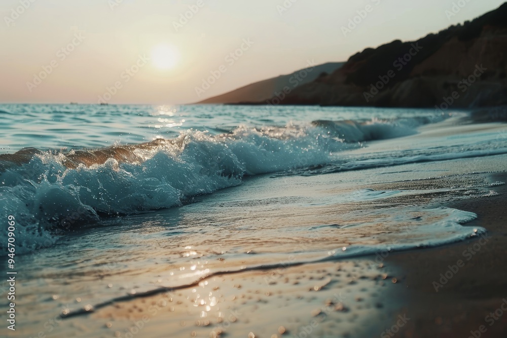 Poster a tranquil beach at sunset with soft waves crashing on the shore