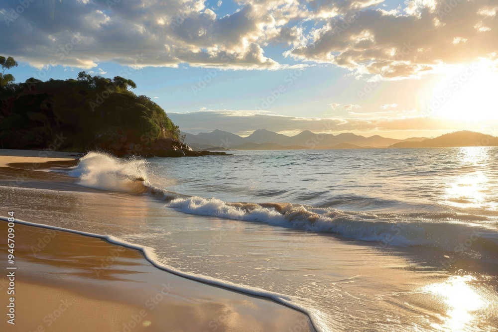 Poster a tranquil beach at sunset with soft waves crashing on the shore