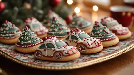 festive tray of intricately decorated christmas cookies car and tree shapes in red green and white icing warm ambient lighting