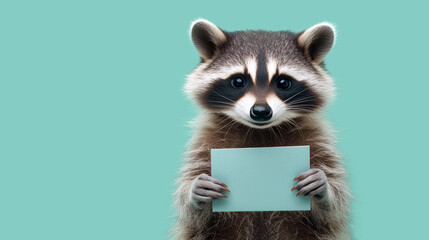 Obraz premium A cute raccoon isolated on a mint background holding a rectangular mockup piece of paper in its paws