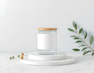 A blank jar mockup placed on an marble elevated surface create with ai