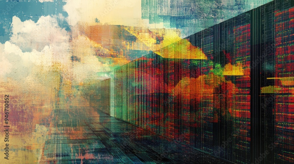 Poster data center graphic displayed on a virtual screen with an abstract mixed media background