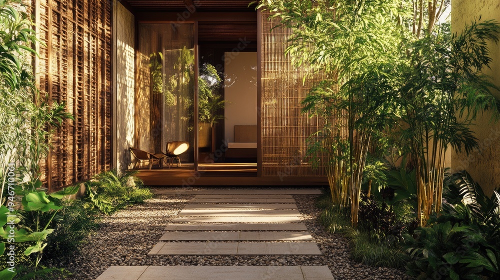 Poster bamboo render design composition featuring intricate patterns and natural elements