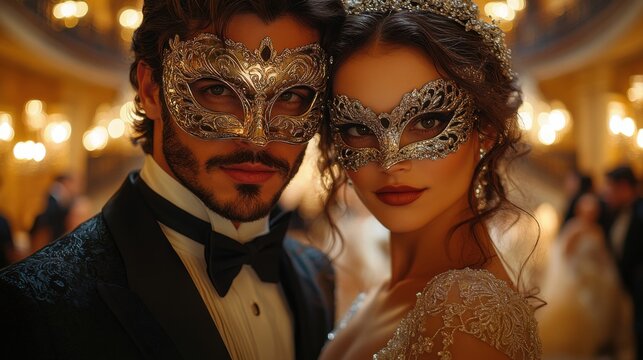 event photography, masquerade ball, guests in elegant gowns and suits wearing intricate masks, chandelier lighting casting a warm glow, close-up of ornate details