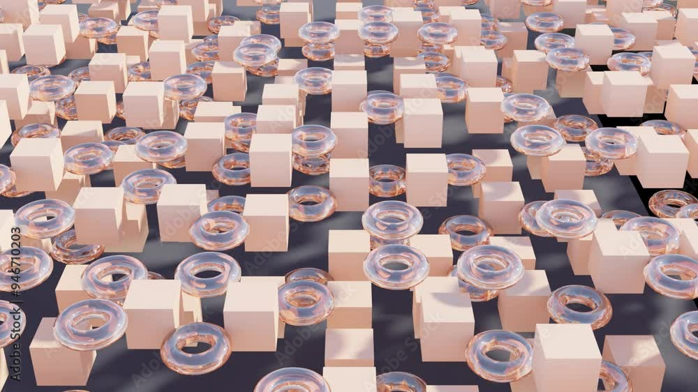 Poster abstract 3d animation of dynamic surface with rings and cubes: seamless geometric animation loop for