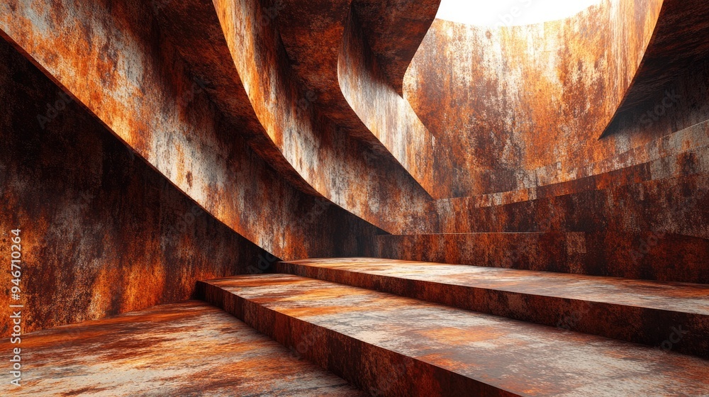 Poster abstract interior featuring sheets of rusted metal creating a unique architectural background 3d ill