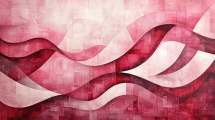 Abstract pink artwork featuring a mosaic design with flowing waves and geometric squares