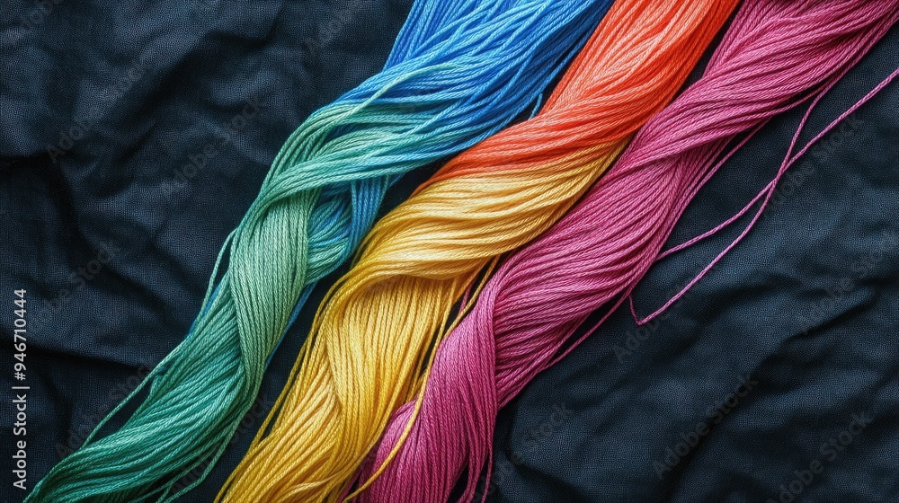 Poster Background image featuring five varying thin strands of colored thread on a dark backdrop