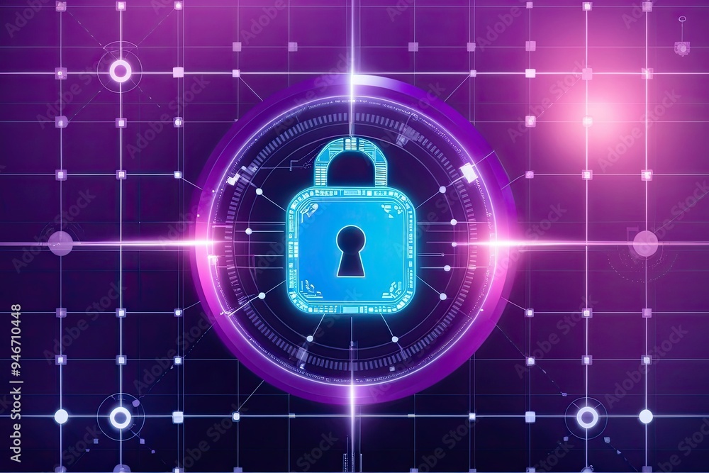 Poster vibrant purple encryption token on a virtual grid for secure access solutions