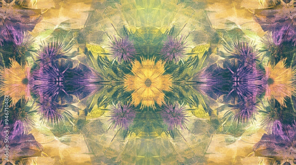 Poster an abstract pattern derived from a modified image featuring thistle amidst grass showcasing natural 