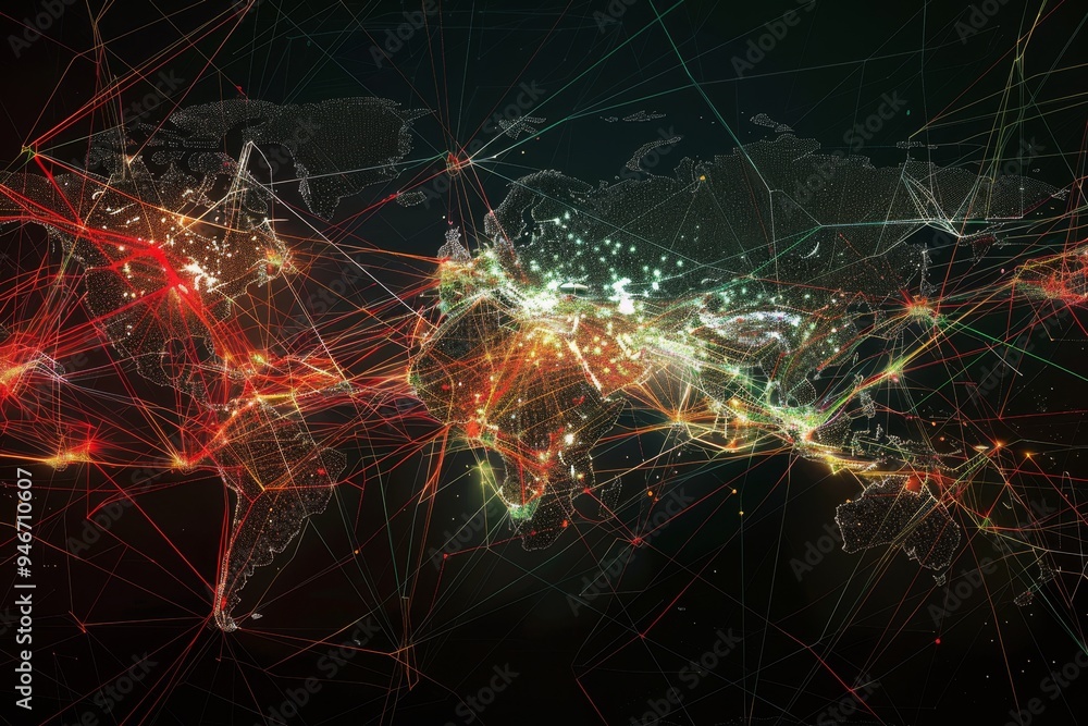 Poster a visualization of the interconnectedness of global markets through digital networks