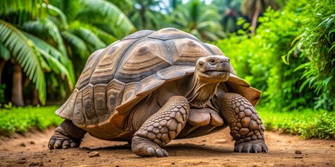 Naklejka premium Giant Tortoise Walking Through Lush Tropical Foliage, Giant Tortoise, Seychelles, Aldabra Tortoise, Wildlife Photography
