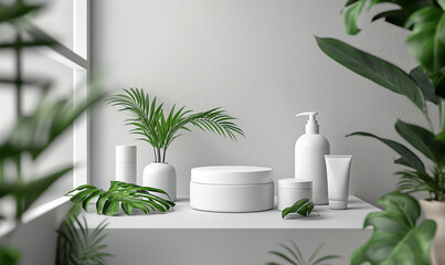 Skincare products on a shelf surrounded by green plants in a bright room.