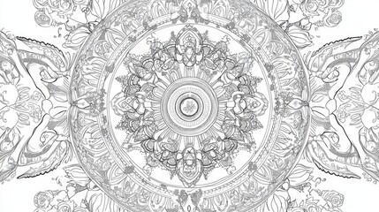 Circular mandala pattern featuring intricate designs on a white background suitable for coloring books tattoos and decorative elements in various art projects