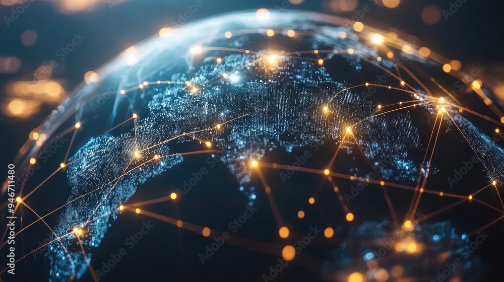 Poster global network with glowing points. this image represents the interconnectedness of the world and th