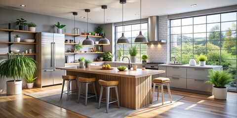 Modern Kitchen Island with Natural Light, Four Pendant Lights, and Greenery, Kitchen Design, Interior Design, Home Decor