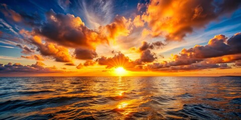 Obraz premium Golden Sunset Over the Ocean, Clouds, Sky, Water, Waves