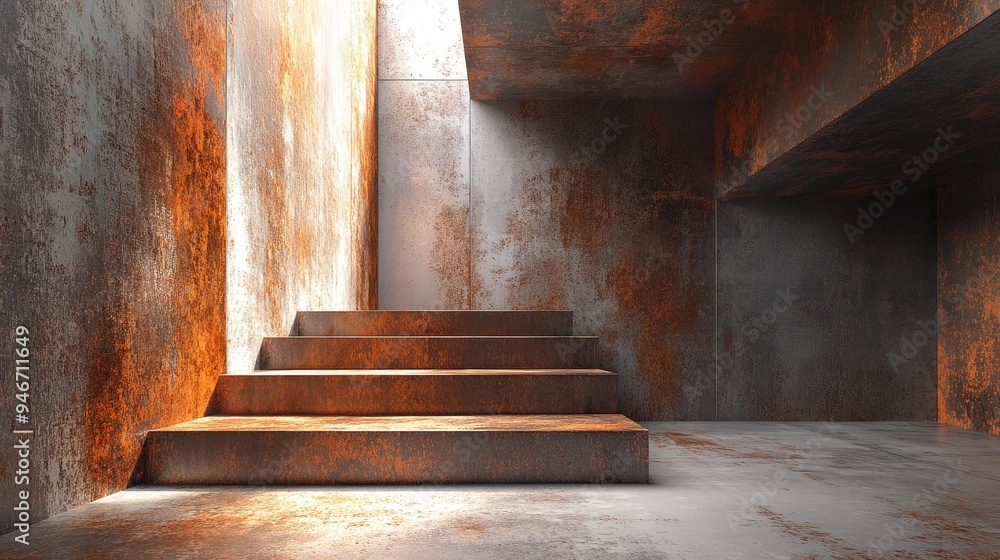 Poster abstract interior featuring sheets of rusted metal architectural backdrop in a 3d illustration and r