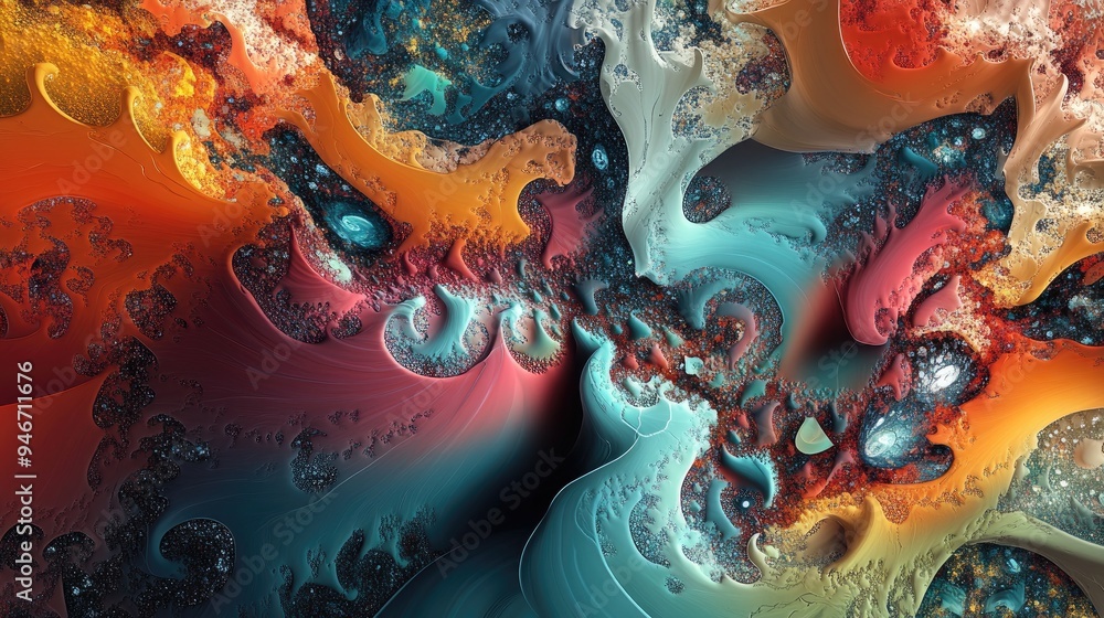 Poster colorful and chaotic fantasy fractal pattern with abstract shapes created through 3d rendering for u