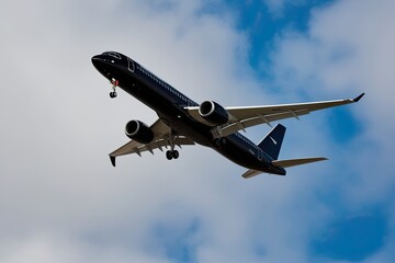 Obraz premium Sleek Black Commercial Jet in Rapid Ascent Against White Background for Travel Themes