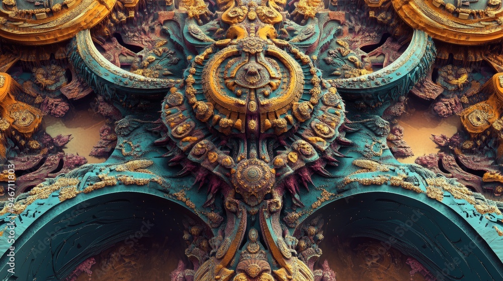 Poster computer generated symmetrical patterns in 3d featuring intricate designs and vibrant colors 3d rend