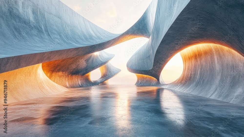 Aufkleber abstract wavy futuristic architecture rendered in 3d with a concrete floor