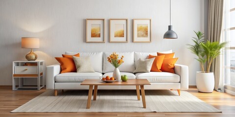 Modern Living Room Interior with White Sofa and Orange Pillows, 3D Render, White Wall, Wooden Floor, Rug, Living Room, Interior Design