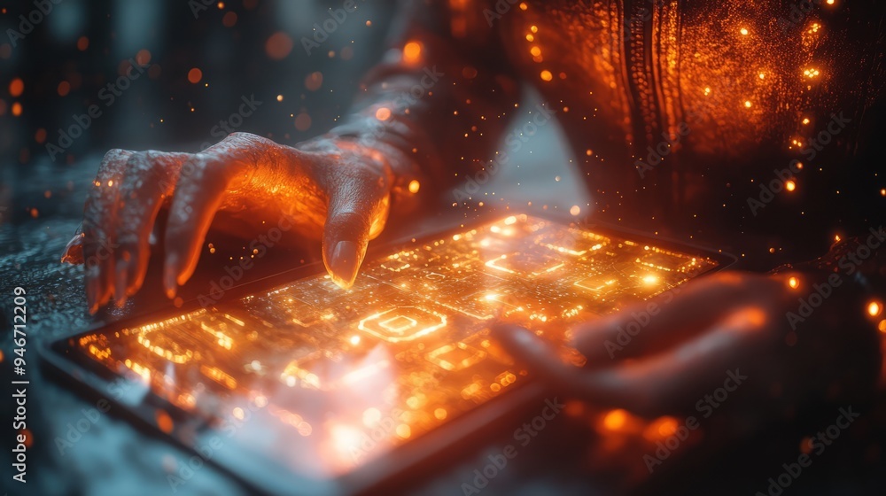 Poster digital alchemy: a close-up of a hand, glowing with an ethereal orange light, interacts with a futur