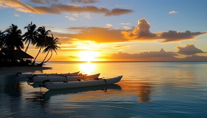 宁静的海滩日落景象，桨船停靠在海面，棕榈树在余晖中摇曳。