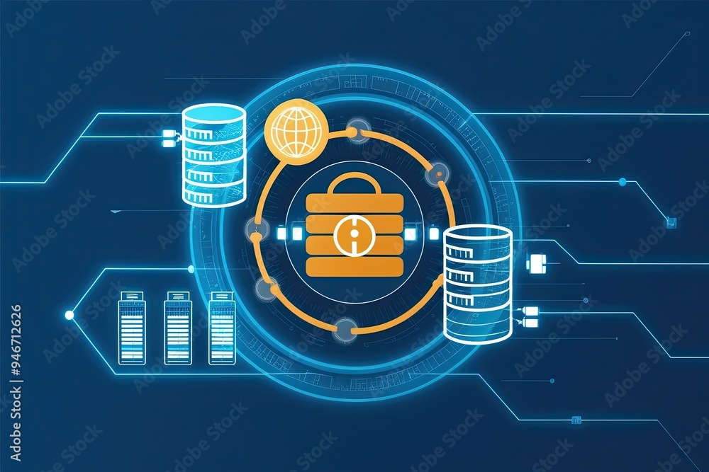 Poster dynamic cyber intelligence graphic featuring barrier icon and data linkages on azure blue canvas