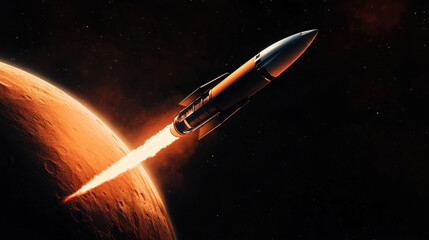 Fototapeta premium Rocket launching towards Mars with the planet in the foreground
