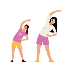 Vector illustration of mother and daughter doing exercise. Cartoon scene of mother and daughter dressed in t-shirts and shorts doing exercises isolated on a white background. Leaning to the sides.