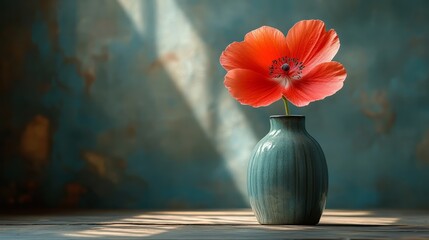Red Poppy in Teal Vase: Sunlit Still Life 