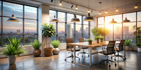 Modern Office Meeting Room with City View, 3D Render, Interior Design, Office Space, Cityscape